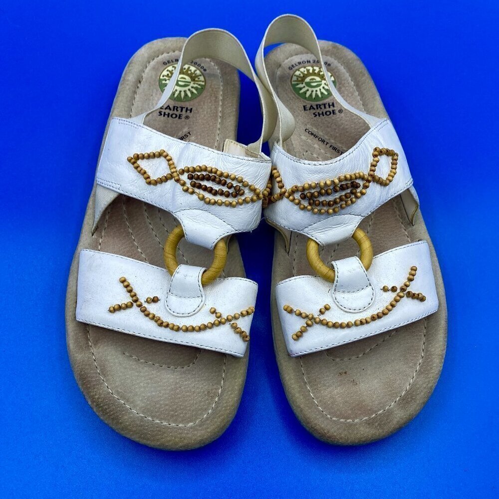 Earth Shoe Sling back Women's 9.5 White Beaded Leather Open Toe Comfort Sandals - Picture 1 of 8